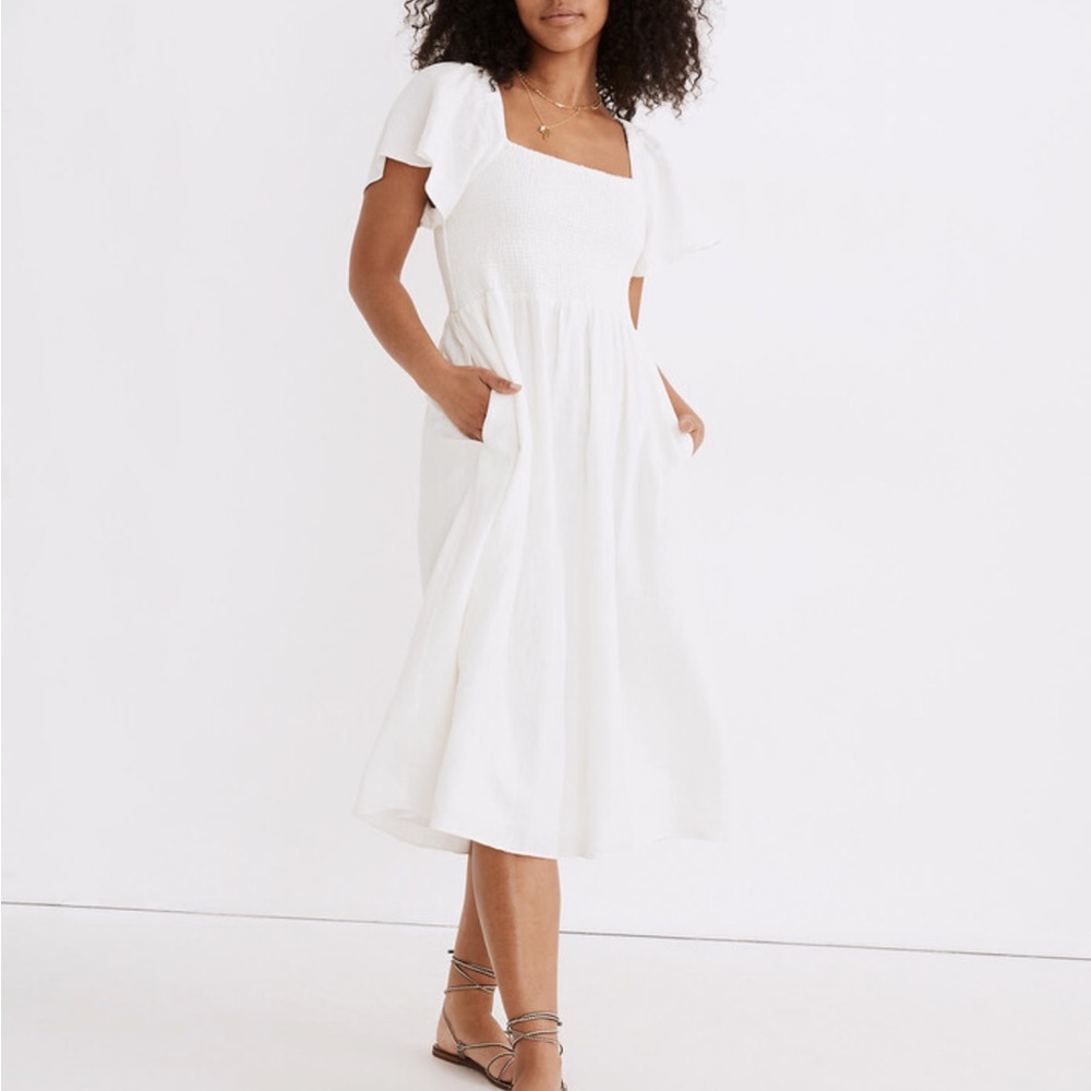 Madewell Linen-Blend Lucie Smocked Midi Dress XXS